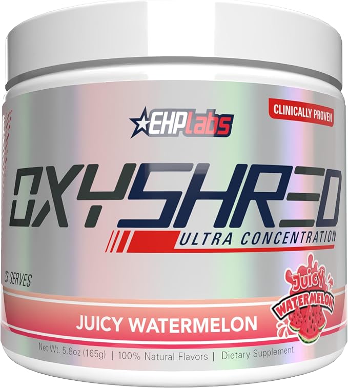 EHP Labs OxyShred Pre Workout Powder - Juicy Watermelon, 33 Servings | Supports Energy, Focus and Endurance with Acetyl L Carnitine and L Glutamine, Thermogenic Formula, Sugar Free, Zero Jitters