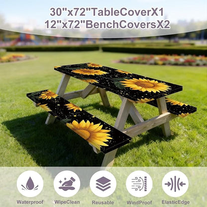 Picnic Table Cover with Bench Covers Sunflower, Waterproof Windproof Elastic Fitted Tablecloth for 6FT Rectangle Tables, Outdoor Camping Patio Garden BBQ Table Cover Set