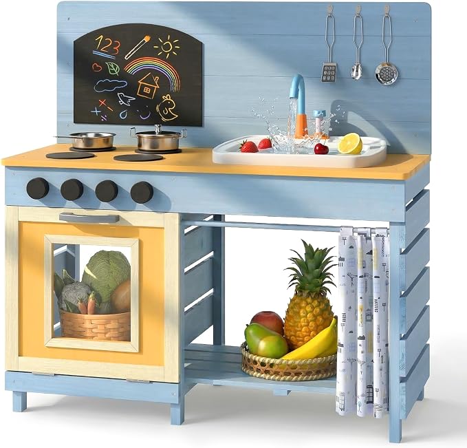 INFANS Mud Kitchen, Wood Pretend Play Kitchen with Running Water Removable Sand Sink Cover Cloth Faucet Chalkboard Stoves Toddle