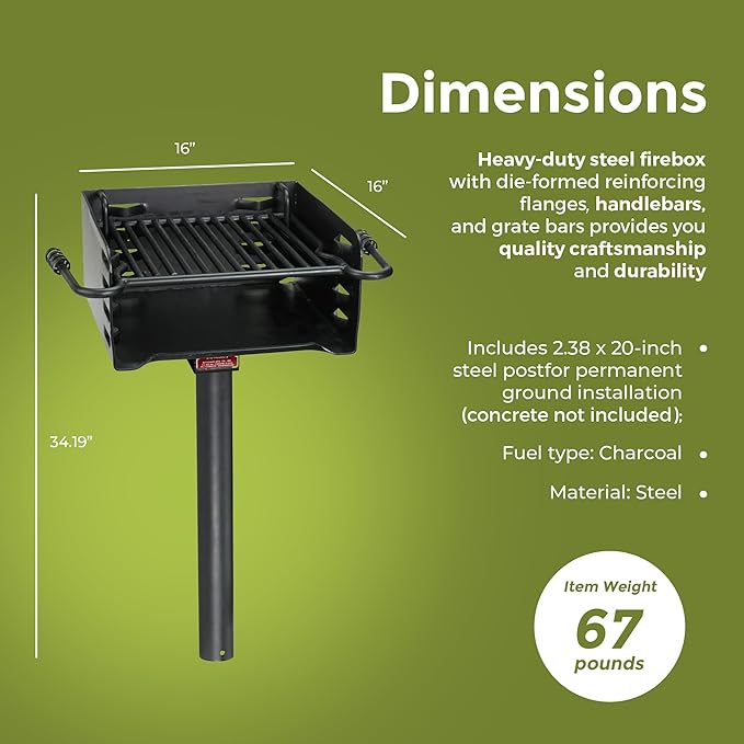 Pilot Rock Park Style Heavy Duty Steel Outdoor BBQ Charcoal Grill with Cooking Grate & 360 Degree Swivel Post for Camping or Backyard, Black (3 Pack)