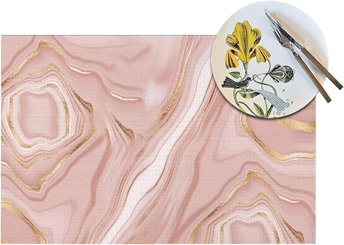 Pink Golden Marble Placemats Set of 4 Linen 12"x18" Rose Pink | Modern Decorative Place Mats Washable Kitchen Table Mats for Dining Outdoor Farmhouse Home Decor Holiday Party Dining Mat