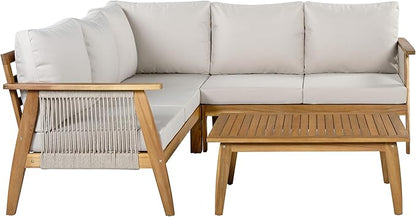 Merax Outdoor 4-Piece Acacia Wood & Rope Sectional Patio Corner Set, L-Shaped Sofa with Coffee Table, Handmade Woven Garden Furniture for Poolside & Deck