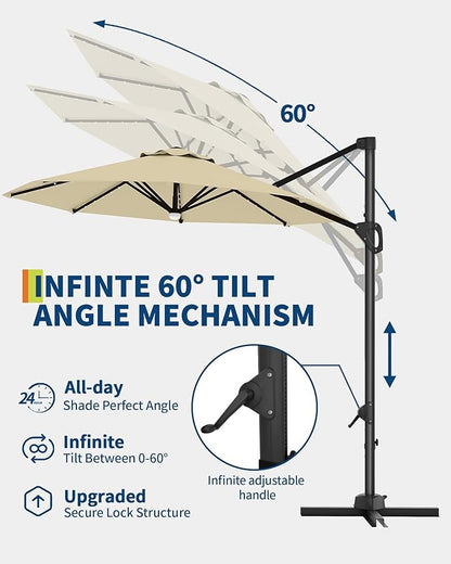 GarveeLife 10FT Patio Umbrella Outdoor Solar LED Large Cantilever Umbrella Market Sun Shade Windproof Offset Umbrella with 360-Degree Rotation for Garden Deck Pool Patio