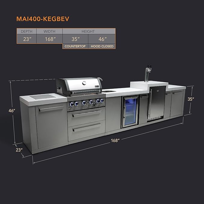 Mont Alpi Premium 168"W x 23"D x 55"H Stainless Steel Outdoor Kitchen Island with Refrigerator Faucet & Sink + 3-tap Kegerator Beer Dispenser + 32"W 4-Burner BBQ Grill + Granite Countertops + Storage
