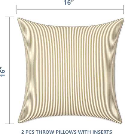 LVTXIII Outdoor/Indoor Throw Pillows, Decorative Patio Accent Pillows, Fluffy Water Repellent Garden Cushions for Home Patio Coach Sofa Use, 16×16 Inch, Pack of 2, Strip Beige