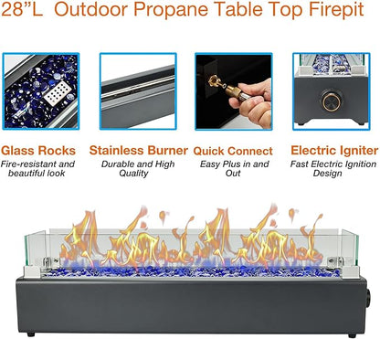 28-inch Table Top Propane Fire Pit, 40,000 BTU Tabletop Firepit for Patio, Outdoor Portable Rectangular Fire Bowl w/Wind Glass Shield, Glass Rocks - Carbon Gray