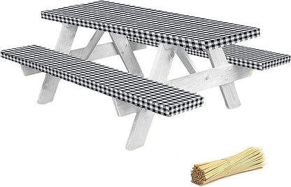 LINPRO Premium Picnic Table Cover with Bench Covers Vinyl Fitted Elastic RV Camping Accessories and Camper Must Haves Waterproof (Black Gingham, 72 x 30 (6ft) with skewers