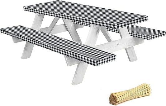 LINPRO Premium Picnic Table Cover with Bench Covers Vinyl Fitted Elastic RV Camping Accessories and Camper Must Haves Waterproof (Black Gingham, 72 x 30 (6ft) with skewers
