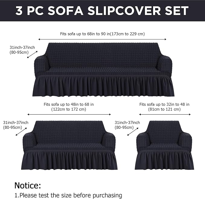 Fanfanwin 3 Pcs Sofa Slipcover Set for Couch Cushion Durable Washable High Elastic Stretchable Furniture Couch Covers with Skirt for Sofa Loveseat Arm Chair(Black,Seersucker)
