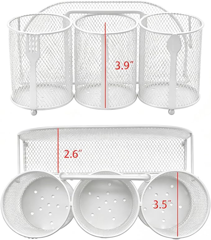 Silverware Organizer Utensil Caddy - 4 Compartment Metal Cutlery Holder Flatware Storage Basket Fork Spoon Napkin Paper Plate Kitchen Countertop Party Picnic Camping Buffet Outdoor (White)