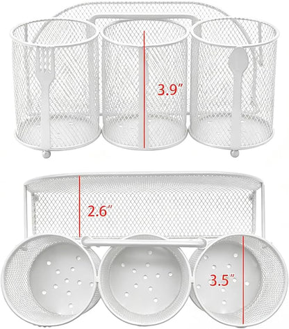 Silverware Organizer Utensil Caddy - 4 Compartment Metal Cutlery Holder Flatware Storage Basket Fork Spoon Napkin Paper Plate Kitchen Countertop Party Picnic Camping Buffet Outdoor (White)