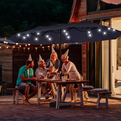 ABCCANOPY 15FT Solar LED Double-Sided Umbrella with Base, Navy Blue | Rectangular Outdoor Table Umbrella with Crank, Heavy Duty Market Umbrella Shade for Garden,Poolside, Lawn, Backyard