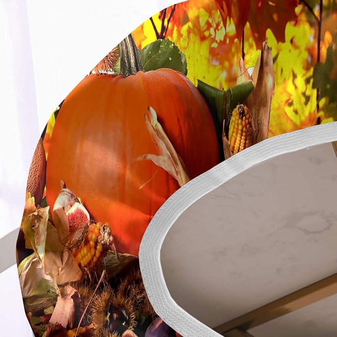 Thanksgiving Oval Fitted Tablecloths, Pumpkins with Sunflowers Pattern Print Elastic Edged Table Cover, Windproof Cloths for Indoor Outdoor Dining Decor, Fits to 48x68 in Table, Orange