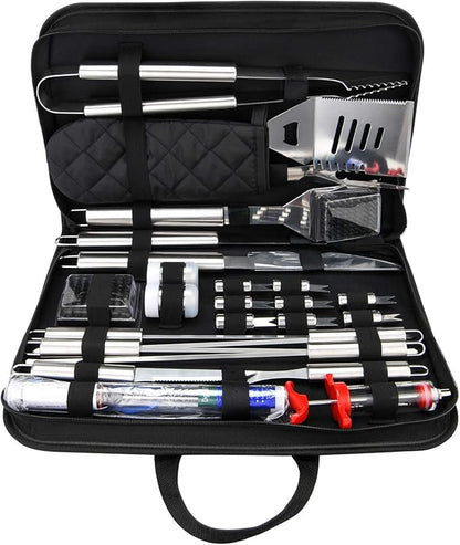 27 Pcs Grill Utensils Set for Outdoor Grill – Stainless Steel BBQ Tools Grilling Tools Set, Organized in Case with Thermometer, Injector & More – Complete Kit for Cooking, Camping & Backyard Barbeque