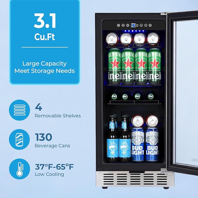 15 Inch Beverage Refrigerator Under Counter, 130 Cans Beverage Fridge Built-in or Freestanding, 15" Drink Cooler with Glass Door, Blue LED Light, Safety Lock - for Home/Kitchen(3.1 cu.ft)