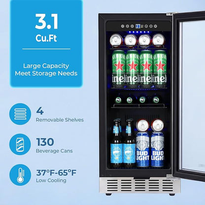 15 Inch Beverage Refrigerator Under Counter, 130 Cans Beverage Fridge Built-in or Freestanding, 15" Drink Cooler with Glass Door, Blue LED Light, Safety Lock - for Home/Kitchen(3.1 cu.ft)