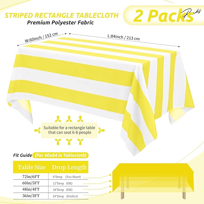 2 Pack Yellow and White Striped Rectangular Tablecloth, 54x108inch Polyester Fabric, Washable, For Afternoon Tea, Birthday Party, Picnic, Barbecue, Indoor Outdoor Dining