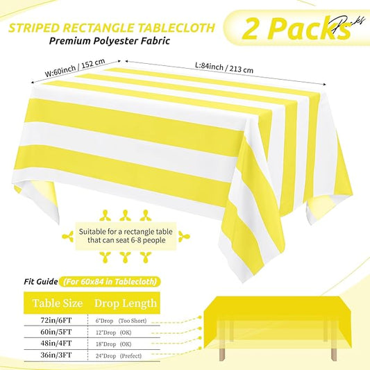 2 Pack Yellow and White Striped Rectangular Tablecloth, 54x108inch Polyester Fabric, Washable, For Afternoon Tea, Birthday Party, Picnic, Barbecue, Indoor Outdoor Dining