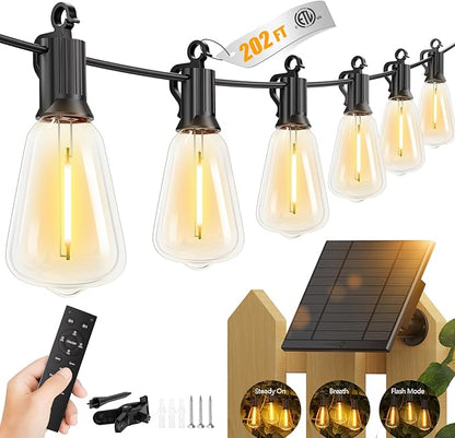 Brightown 202FT Solar String Lights Outdoor Waterproof with Remote, 65+2 LED Shatterproof Bulbs, Dimmable & Timable, 3 Light Modes - Commercial Grade Patio Lights for Garden Backyard Party Decor