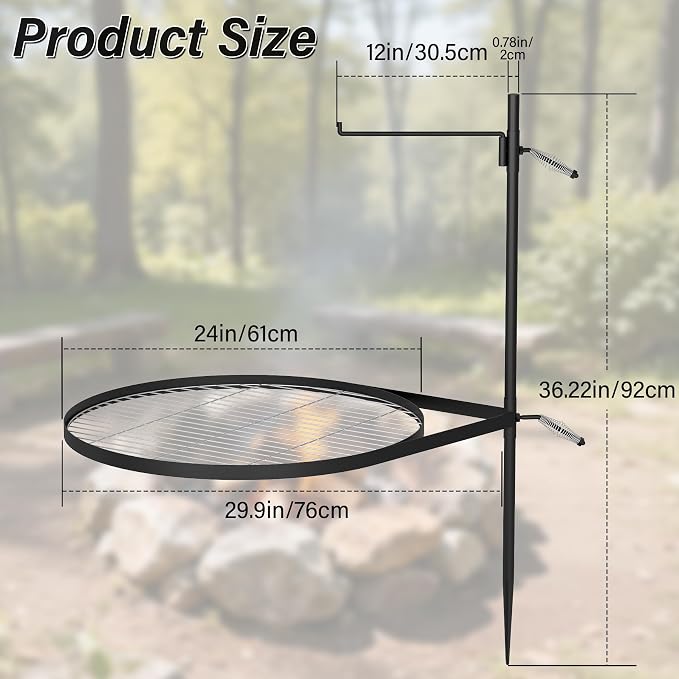 24" Fire Pit Grill w/304 Stainless Steel Grate, Portable Carry Bag | Swivel Grill Grate, 360° Rotatable, Height Adjustable, Easy Setup, Perfect for Hiking, Picnics & Family BBQs