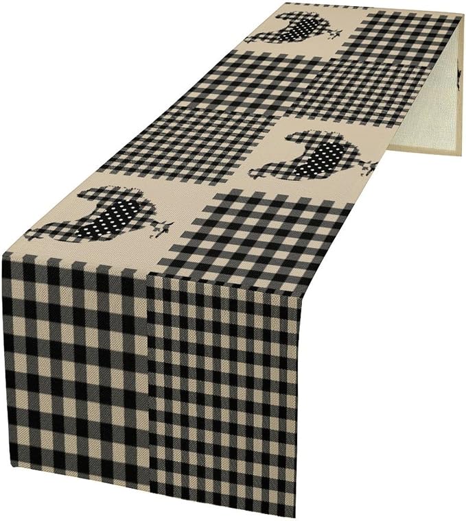 Farm Animal Chicken Hen Black White Buffalo Plaid Check Table Runner, Farmhouse Chick Table Decoration Home Kitchen Dining Indoor Holiday Farmhouse Decor 13x90 Inch
