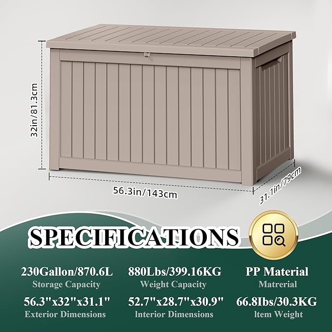 280 Gallon Resin Large Deck Box, Waterproof Outdoor Storage box for Patio Cushions, Garden Tools, Lockable (Brown)