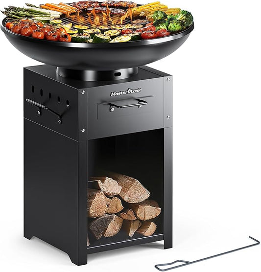MASTER COOK Plancha Grill with Large Cooking Area, Round Charcoal Grill with Versatile Design as BBQ Grill and Fire Pit, Durable and Portable for Backyard, Camping and Party Use, 33.6"*15.7"*15.7"