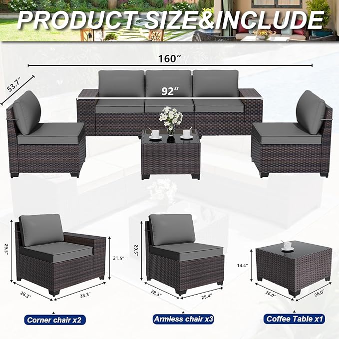 ALAULM 6 Pieces Patio Furniture Set, Oversized Seat/Armrest Sofas and High Back Wicker Sectional Furniture Set with Thick Cushion for Backyard, Garden, Grey