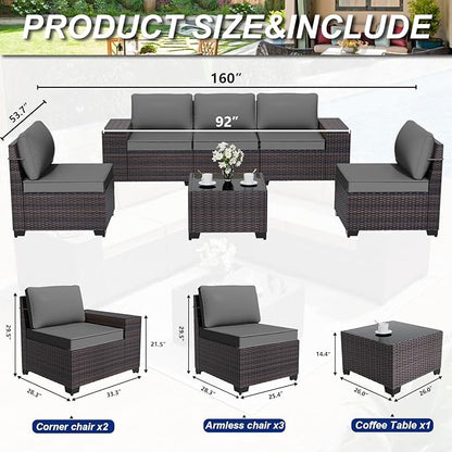 ALAULM 6 Pieces Patio Furniture Set, Oversized Seat/Armrest Sofas and High Back Wicker Sectional Furniture Set with Thick Cushion for Backyard, Garden, Grey