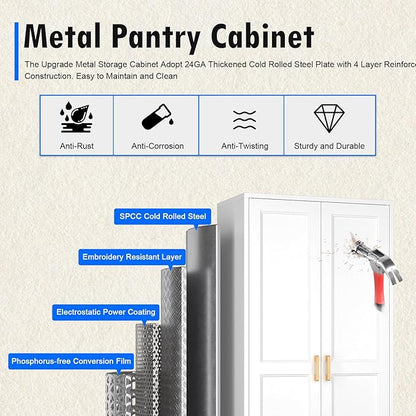 Polup Kitchen Pantry Cabinet, 60 Inch Tall Pantry Storage Cabinet with Doors and Adjustable Shelves, Metal Storage Cabinet with Golden Handles for Dining, Living Room, Assembly Required, White