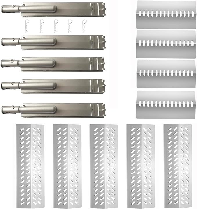 5pcs 16516 Stainless Steel Burners for Bull Grill Replacement Parts + 5pcs 16631 Flame Tamer Flavor Bar + 4pcs 16520 Heat Plate Shield Set,Fits for Bull, Lion, Cal Flame 5 Burner Gas Grills
