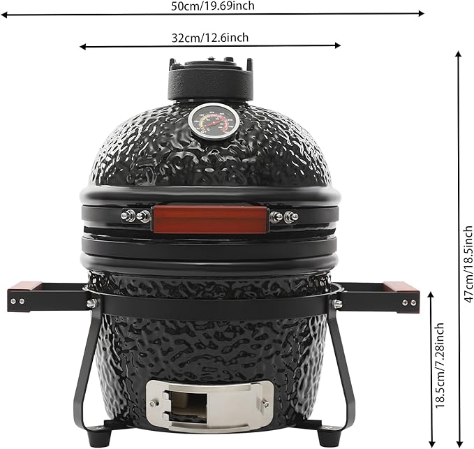13 Inch Ceramic Charcoal Grill, Portable Kamado Style BBQ with 50-800°F Temperature Range, with Bamboo Handles and Spring Hinge 12.6” Grilling Grate for Outdoor Patio Camping Picnic, Black