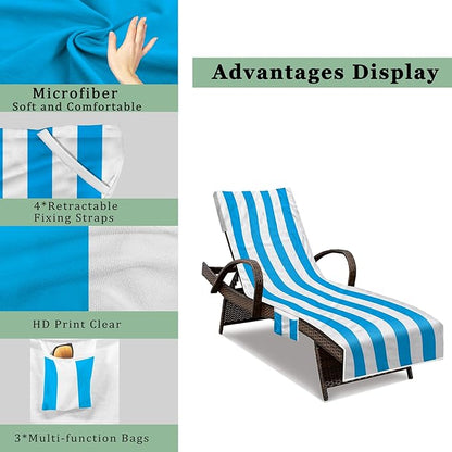 Lounge Chair Towel Cover, Beach Chair Cover (Pack of 2), Pool Lounge Chair Covers for Outdoor,Garden, Beach,Sun Lounger,Hotel Pool, 85" X 30"Large Size and No Sliding, Light Blue Stripe