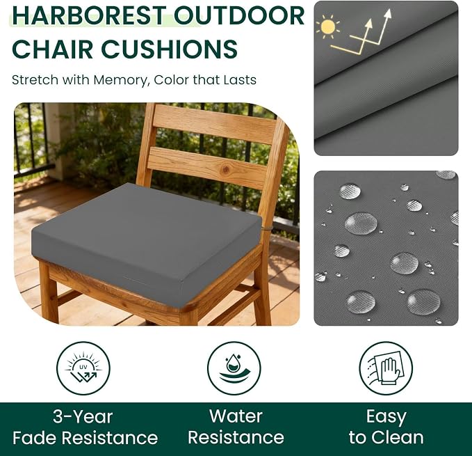 HARBOREST Outdoor Chair Cushions Set of 4, Water Resistant Patio Chair Cushions with Ties, Square Corner Outdoor Seat Cushions for Patio Furniture, 18.5"x16"x3", Dark Grey