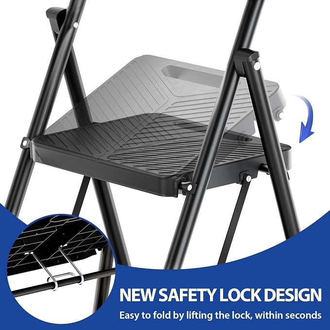 KINGRACK 4 Step Ladder, Folding Step Stool with Anti-Slip Pedals | Heavy Sturdy Steel ladder with Handrail, Safe-Lock Design, Multi-Purpose, Home, Kitchen, Pass 500lbs Load Testing, Black
