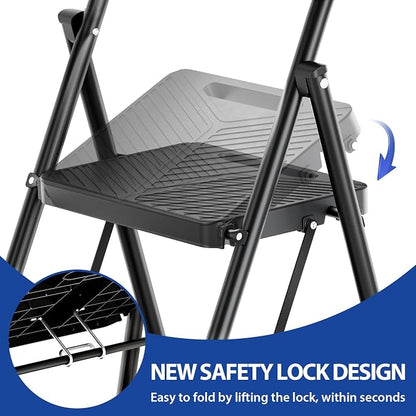 KINGRACK 4 Step Ladder, Folding Step Stool with Anti-Slip Pedals | Heavy Sturdy Steel ladder with Handrail, Safe-Lock Design, Multi-Purpose, Home, Kitchen, Pass 500lbs Load Testing, Black