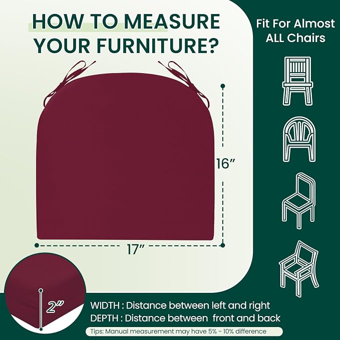HARBOREST Outdoor Chair Cushions Set of 2, Water Resistant Patio Chair Cushions with Ties, Outdoor Seat Cushions for Patio Furniture, 17"x16"x2", Burgundy