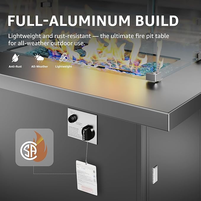 BULEXYARD 43" Aluminum Propane/Natural Gas Fire Pit Table, 60,000 BTU Rectangle Outdoor Patio Firepit Table with Cover, Lid & Wind Guard, Modern CSA-Certified Fireplace for Outside Patio, Dark Grey