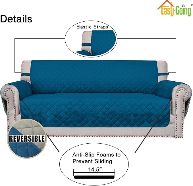 Easy-Going Reversible Couch Cover, 2 Cushion Sofa, Peacockblue/Beige | Oversized Loveseat, Machine Washable Slipcover For Dogs, Water Resistant Mat, Living Room, Non-Slip Sofa Cover, Pet Friendly