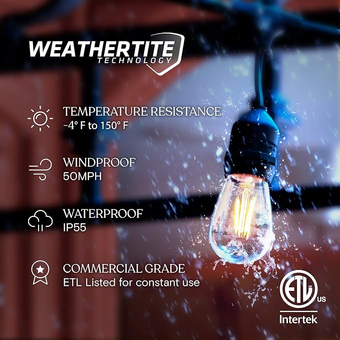 Brightech Ambience Pro LED Outdoor String Lights - Commercial Grade Waterproof Patio Lights with 48 Ft Dimmable Edison Bulbs, Porch String Lights for Patio, Backyard - 15 Bulbs 2W Soft White