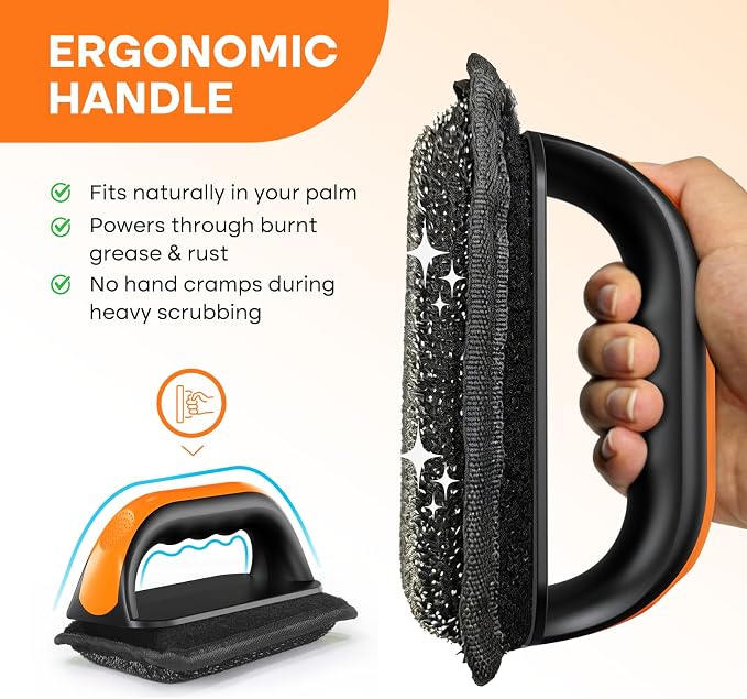 Griddle Cleaning Kit for Blackstone Rust Removal Restoration Pad | 3 Griddle Cleaning Pads & 1 Ergonomic Handle For Flat Top Grill, Brush with Flexible Steel Wire Layer Removes Stubborn Grease