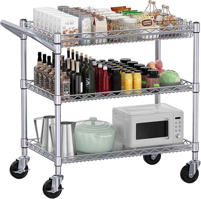 990Lbs Capacity Heavy Duty Rolling Utility Cart, NSF Rolling Carts with Wheels,Commercial Grade Metal Cart with Handle Bar & Shelf Liner,Trolley Serving Cart for Kitchen,Restaurant,Silver