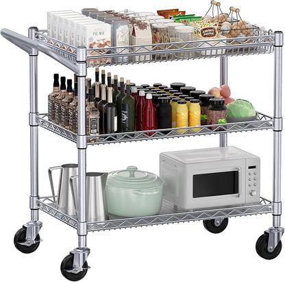 990Lbs Capacity Heavy Duty Rolling Utility Cart, NSF Rolling Carts with Wheels,Commercial Grade Metal Cart with Handle Bar & Shelf Liner,Trolley Serving Cart for Kitchen,Restaurant,Silver