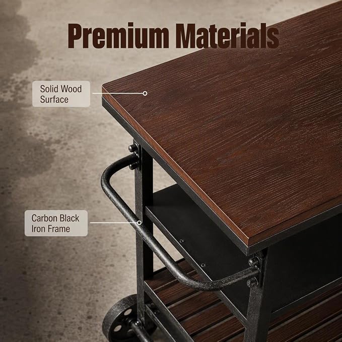 Rolling Bar Cart with Handle [3 Tier] Home Kitchen Microwave Cart Island On Wheels, Mobile Serving Cart Beverage Cart, Coffee Station (Metal/Wood, Industrial Black/Rustic Brown)