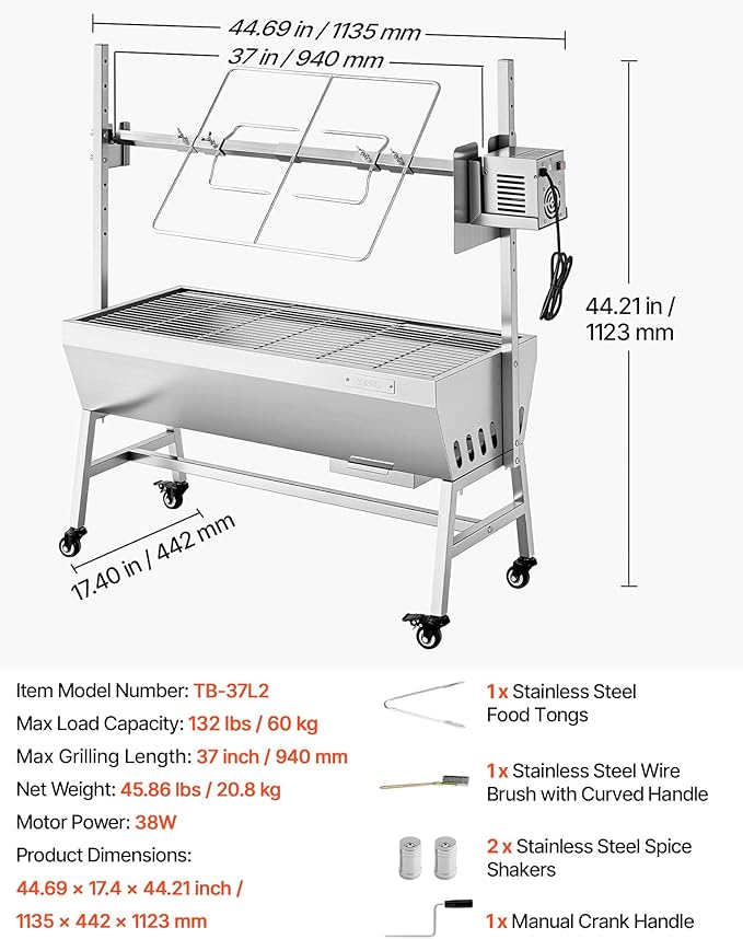 VEVOR Rotisserie Grill, 38W Stainless Steel BBQ Outdoor Pig & Lamb Spit Roaster, 132 LBS Capacity Charcoal Spit Roaster with Wheels & 7-Level Height, Electric Rotisserie Grill Kit for Camping Outdoor