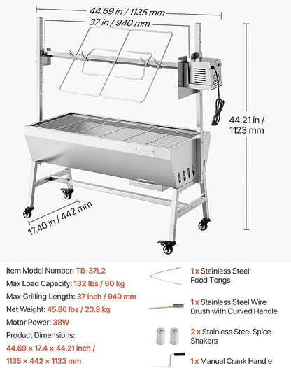 VEVOR Rotisserie Grill, 38W Stainless Steel BBQ Outdoor Pig & Lamb Spit Roaster, 132 LBS Capacity Charcoal Spit Roaster with Wheels & 7-Level Height, Electric Rotisserie Grill Kit for Camping Outdoor
