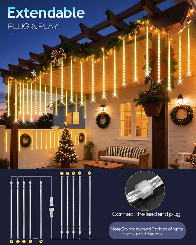 PEMOTech Christmas Lights Outdoor, 16 Tubes 40cm 576 Led Meteor Shower Lights, Waterproof Christmas Decorations Icicle Light for Xmas Tree Halloween Party, Ul Plug,Warm White