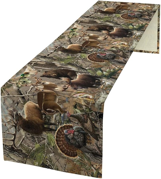 Forest Camouflage Table Runner Dresser Scarves, Camo Rustic Deer Elk Bird Bear Linen Table for Party Kitchen Dining Banquet 13x108in