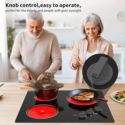 GIHETKUT Electric Cooktop, 220V 5000W Stove Top, 9 Power Levels, Kids Lock & Timer, Hot Surface Indicator, Overheat Protection,knob and touch control 3 Burner Electric cooktop