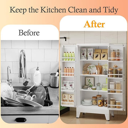 White Pantry Storage Cabinet, 48" Kitchen Pantry with Doors and 3 Adjustable Shelves, Metal Freestanding Buffet Cupboards Sideboard, for Office, Home, Garage, School